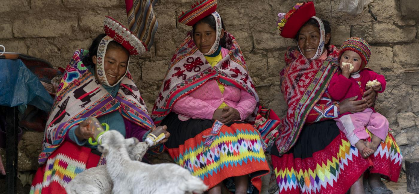 Women and child feeding baby animals
