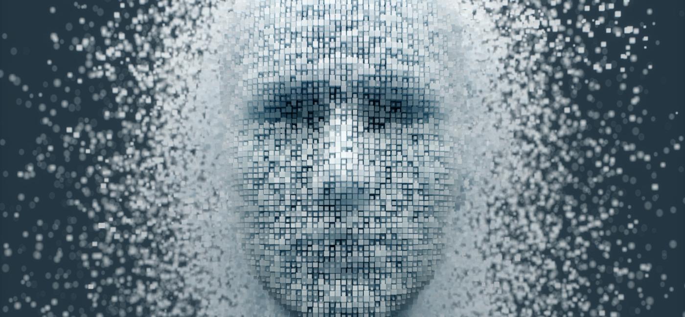 3D dissolving human head made with cube shaped particles