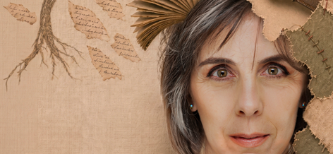 Poster for Olivia, a theatrical production exploring memory loss and dementia through the story of an older woman, featuring a portrait surrounded by fragmented pages, fabric, and symbolic imagery.