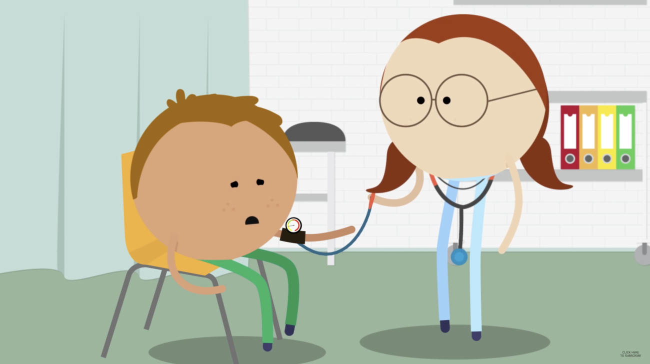 Cartoon of doctor checking blood pressure