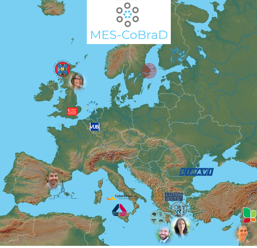 Map of Europe and Israel, along with faces of collaborators in their respective locations: Elissaios and Konstantina in Greece, Ophir in Israel, Emily in UK, and Juan in Spain.