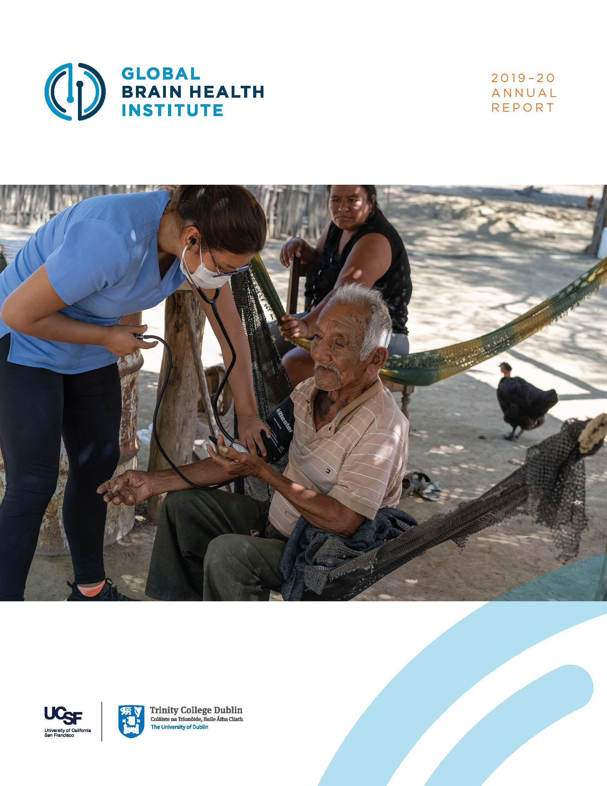 Cover image of GBHI Annual Report 2019⁠–⁠2020, a masked clinician caring for older adult patient in outdoor setting