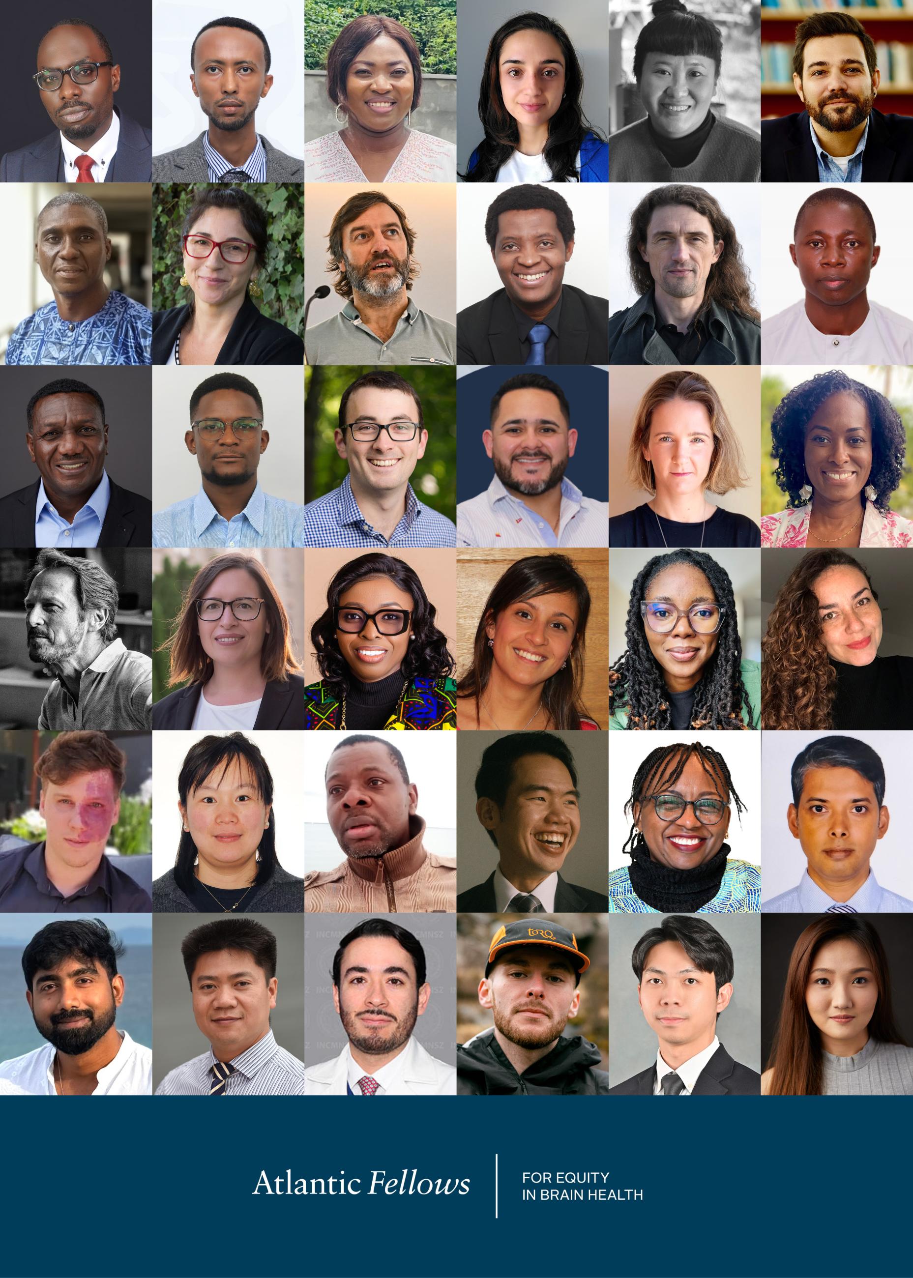 A group photo grid of Atlantic Fellows for Equity in Brain Health, featuring 36 individual headshots of diverse men and women from around the world.