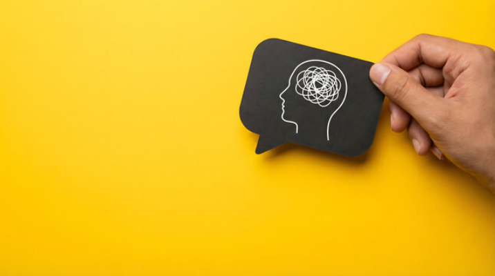 Illustration of a speech bubble containing a stylized brain, representing the connection between language and brain health.