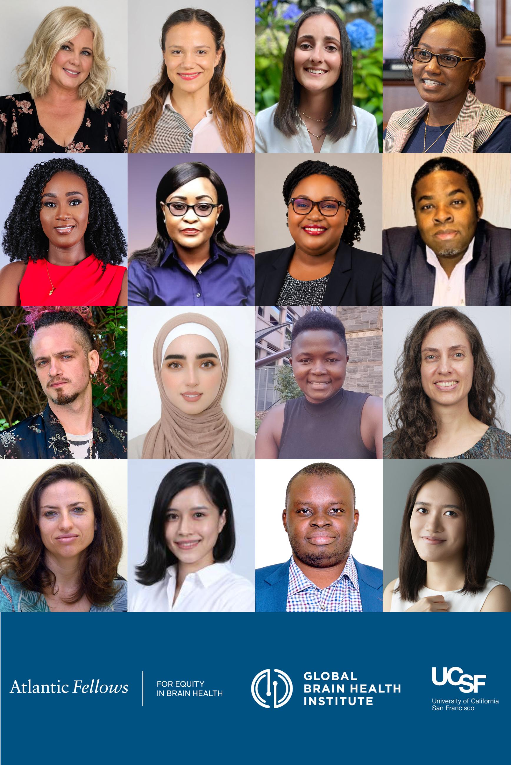 Grid of headshots featuring the 16 members of the 2026–27 Atlantic Fellows cohort at GBHI at UCSF.