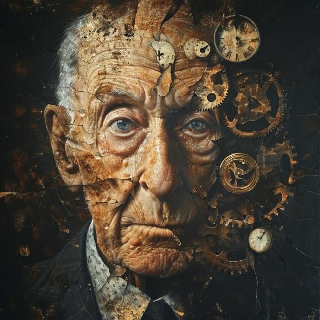 image of aging man with wheels spinning