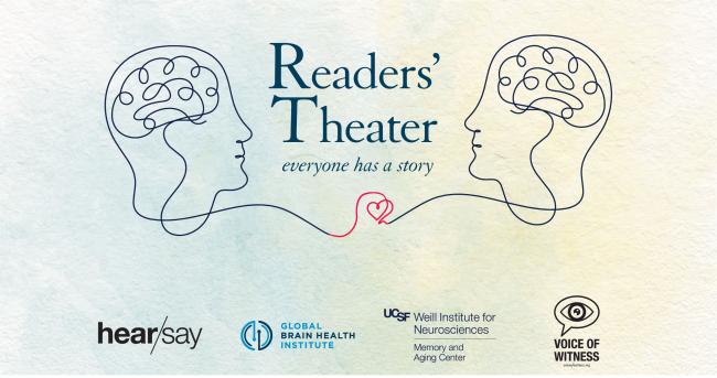 Two outlined human profiles face each other with simple brain drawings inside, connected by a single line that forms a small heart between them, with the text “Readers’ Theater – everyone has a story” and partner logos below.