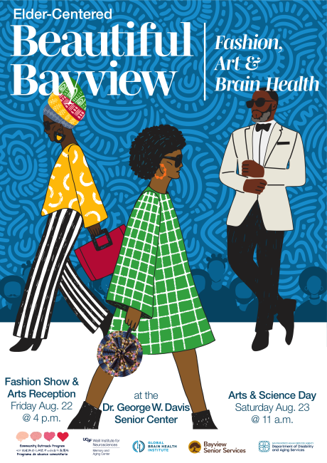 Poster for Beautiful Bayview event featuring illustrated models and details about a fashion show, arts reception, and arts and science day at the Dr. George W. Davis Senior Center