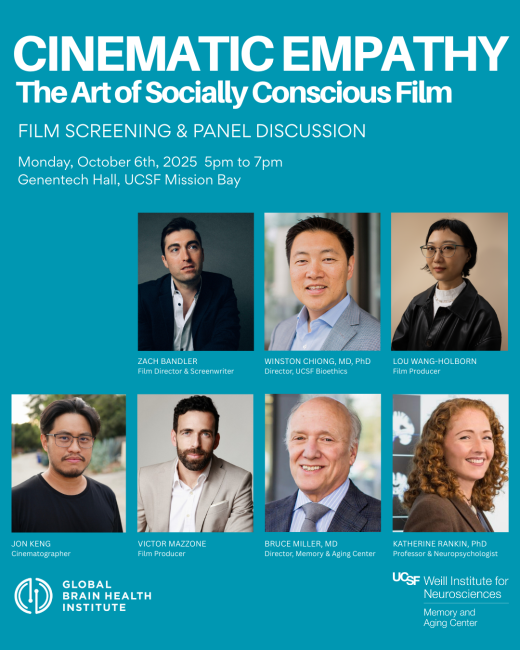 Flyer for a UCSF event Cinematic Empathy on October 6, 2025, with film screening and panel featuring filmmakers and UCSF experts.