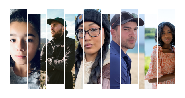 Collage of six diverse young people in vertical strips