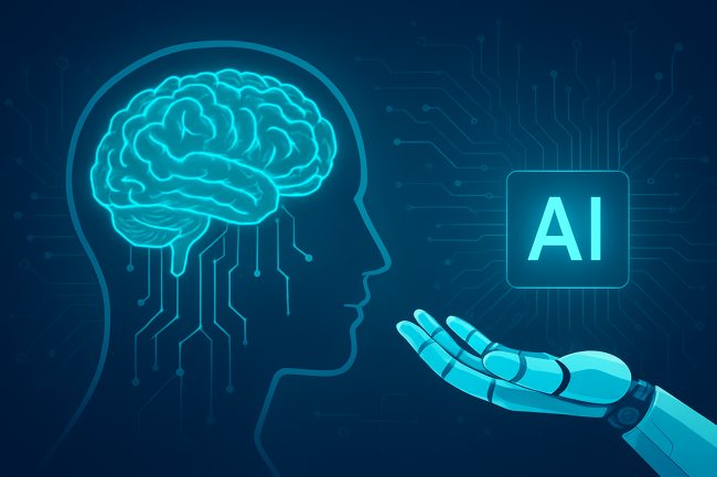 AI-generated image of a cartoon of a human profile and brain with a hand next to it, palm out.