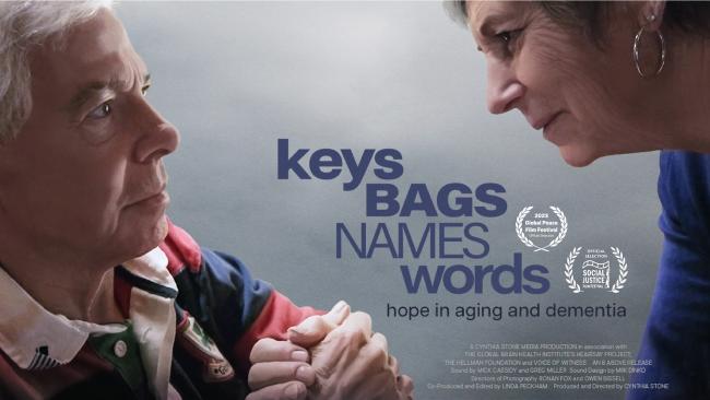 Two people facing each other closely with title “Keys Bags Names Words” about aging and dementia