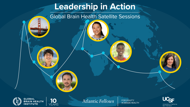 World map with portraits connected across regions for global brain health satellite sessions
