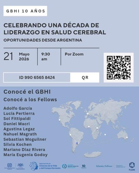 Promotional flyer for a virtual Argentina-based GBHI event celebrating 10 years of leadership in brain health, featuring Atlantic Fellows, a world map graphic, and QR code for Zoom access.