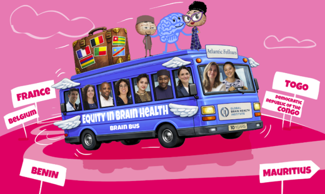 Illustrated “Brain Bus” traveling across Francophone regions, with people, a brain character, and country signs including France, Belgium, Benin, Togo, DR Congo, and Mauritius.