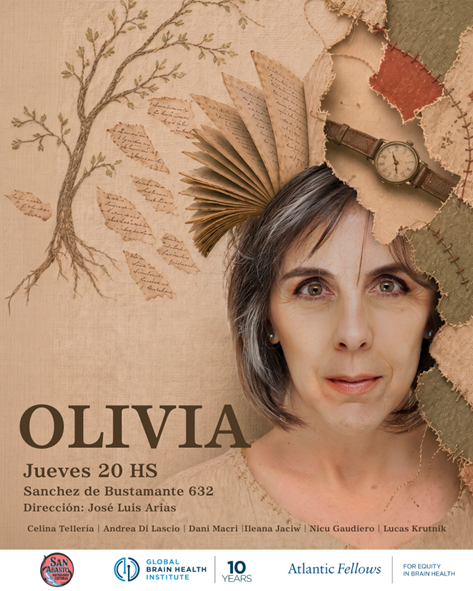 Poster for Olivia, a theatrical production exploring memory loss and dementia through the story of an older woman, featuring a portrait surrounded by fragmented pages, fabric, and symbolic imagery.