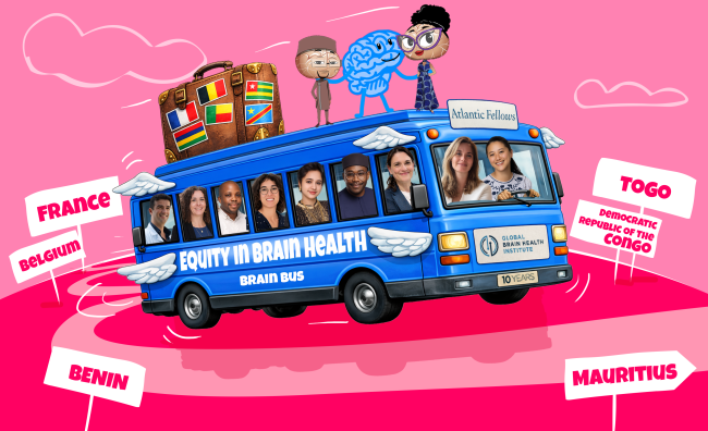 Illustrated “Brain Bus” traveling across Francophone regions, with people, a brain character, and country signs including France, Belgium, Benin, Togo, DR Congo, and Mauritius.