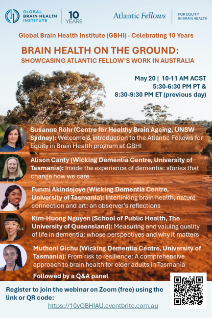 Poster for GBHI 10-year webinar on brain health in Australia with speakers, date, and registration info.