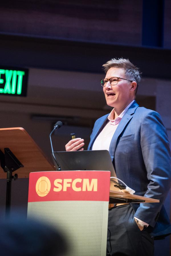 Atlantic Fellow Anne Browning talking at podium