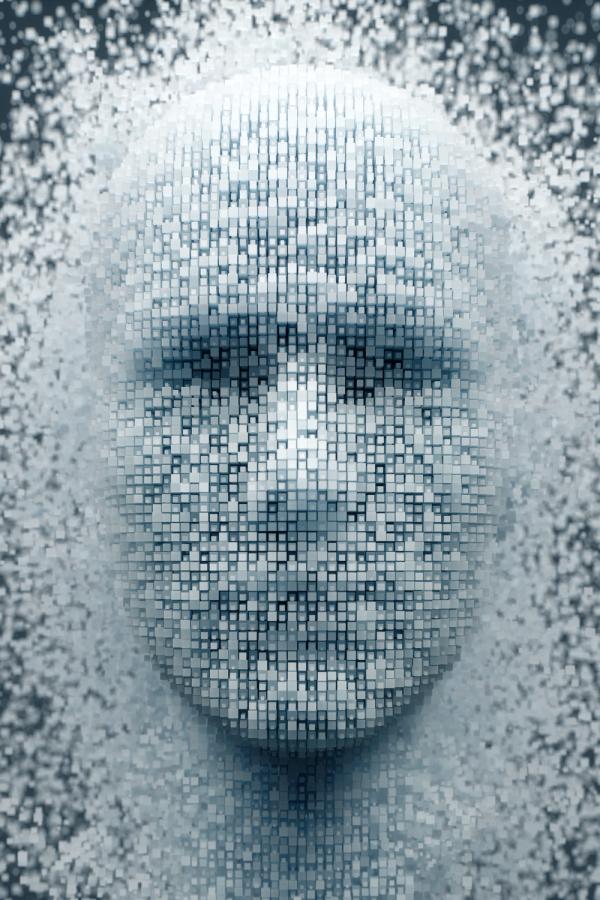 3D dissolving human head made with cube shaped particles