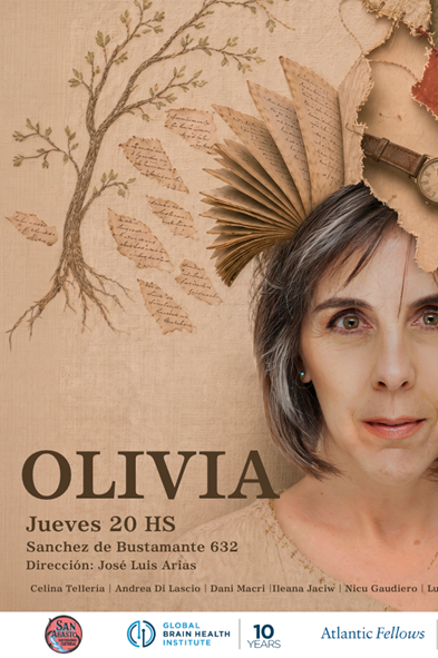 Poster for Olivia, a theatrical production exploring memory loss and dementia through the story of an older woman, featuring a portrait surrounded by fragmented pages, fabric, and symbolic imagery.