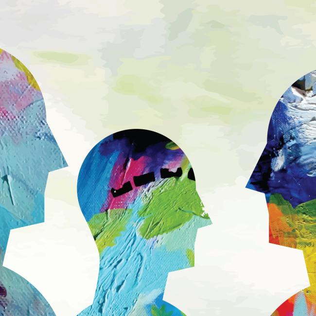 Artistic rendering of three heads in different colors