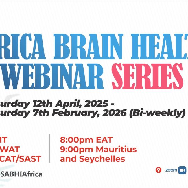 Promotional flyer for the Africa Brain Health Webinar Series, running bi-weekly from April 12, 2025, to February 7, 2026, with times listed for various African time zones and a QR code to register.