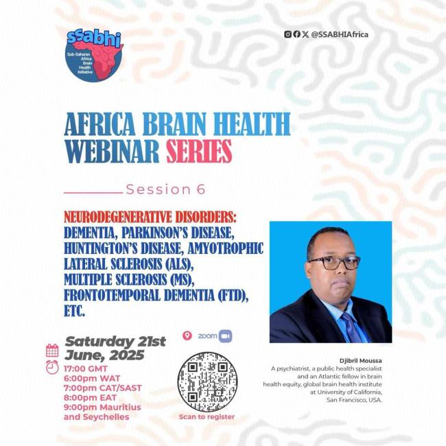 Promotional flyer for an Africa Brain Health Webinar on neurodegenerative disorders, featuring Atlantic Fellow Djibril Moussa.