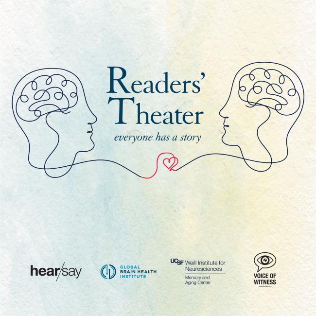 Two outlined human profiles face each other with simple brain drawings inside, connected by a single line that forms a small heart between them, with the text “Readers’ Theater – everyone has a story” and partner logos below.
