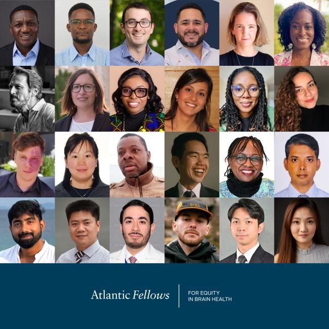 A group photo grid of Atlantic Fellows for Equity in Brain Health, featuring 36 individual headshots of diverse men and women from around the world.