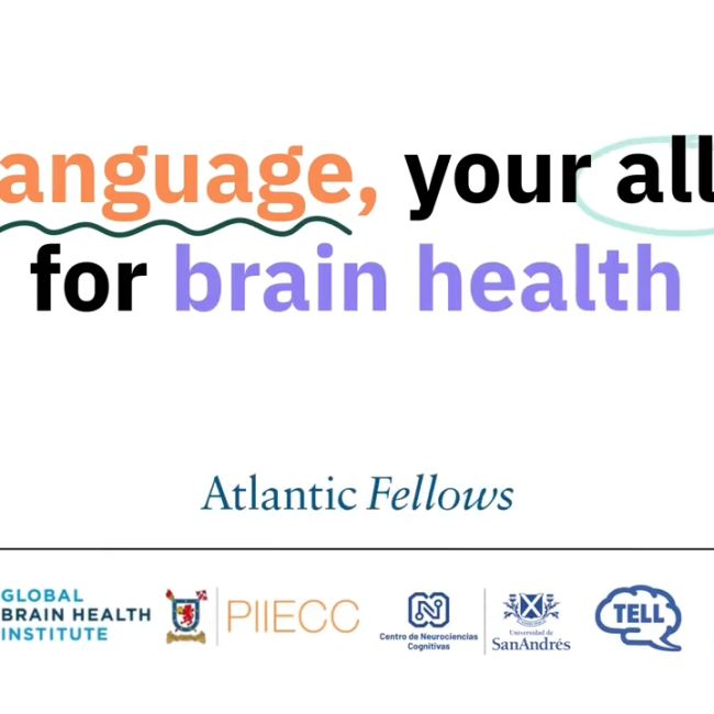 Text graphic showing the title “Language, your ally for brain health” with logos of supporting organizations below.