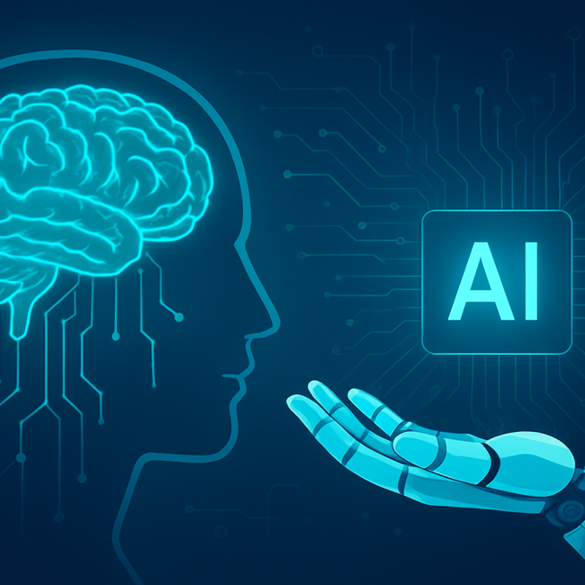 AI-generated image of a cartoon of a human profile and brain with a hand next to it, palm out.