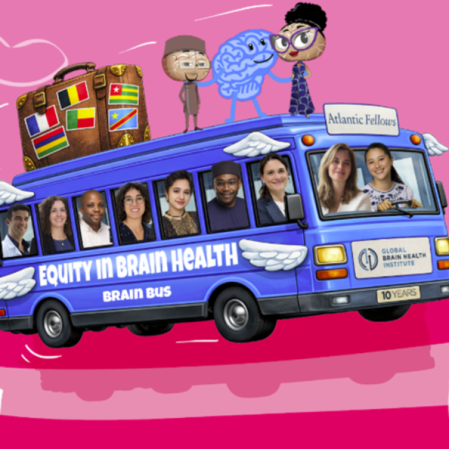 Illustrated “Brain Bus” traveling across Francophone regions, with people, a brain character, and country signs including France, Belgium, Benin, Togo, DR Congo, and Mauritius.
