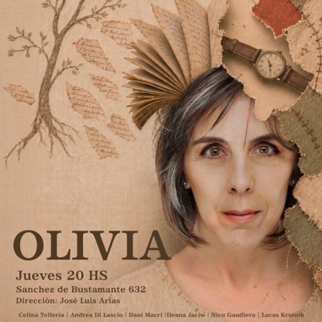 Poster for Olivia, a theatrical production exploring memory loss and dementia through the story of an older woman, featuring a portrait surrounded by fragmented pages, fabric, and symbolic imagery.