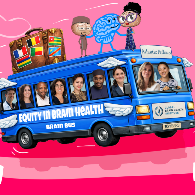 Illustrated “Brain Bus” traveling across Francophone regions, with people, a brain character, and country signs including France, Belgium, Benin, Togo, DR Congo, and Mauritius.