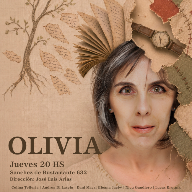 Poster for Olivia, a theatrical production exploring memory loss and dementia through the story of an older woman, featuring a portrait surrounded by fragmented pages, fabric, and symbolic imagery.