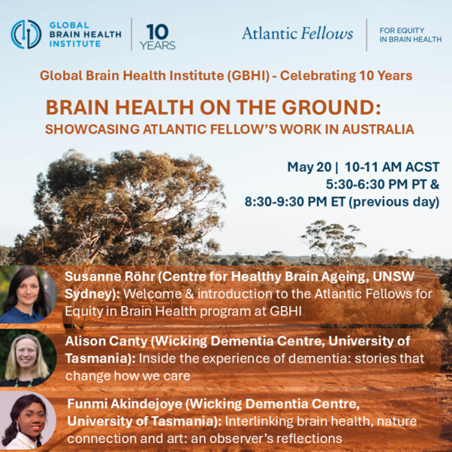 Poster for GBHI 10-year webinar on brain health in Australia with speakers, date, and registration info.