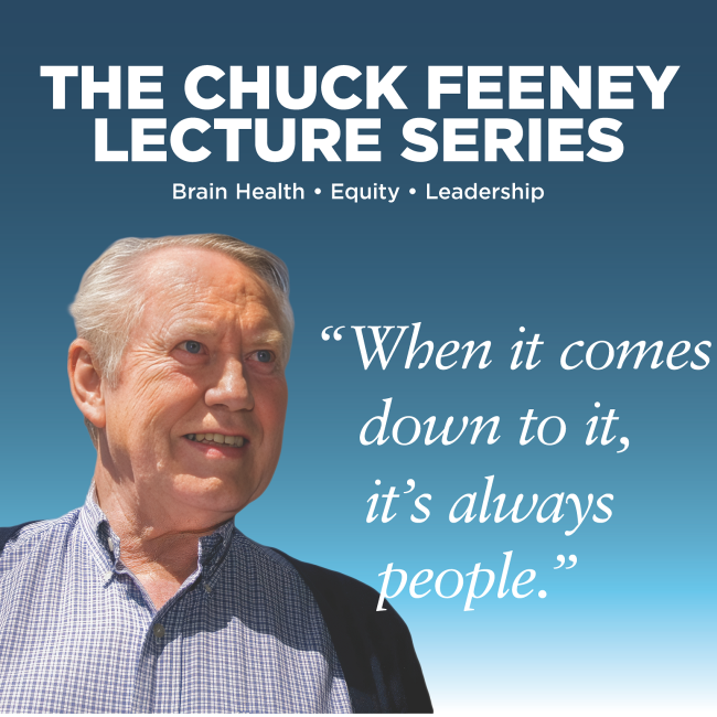 Chuck Feeney lecture series banner with photo and quote