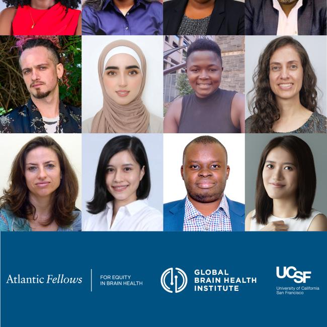 Grid of headshots featuring the 16 members of the 2026–27 Atlantic Fellows cohort at GBHI at UCSF.