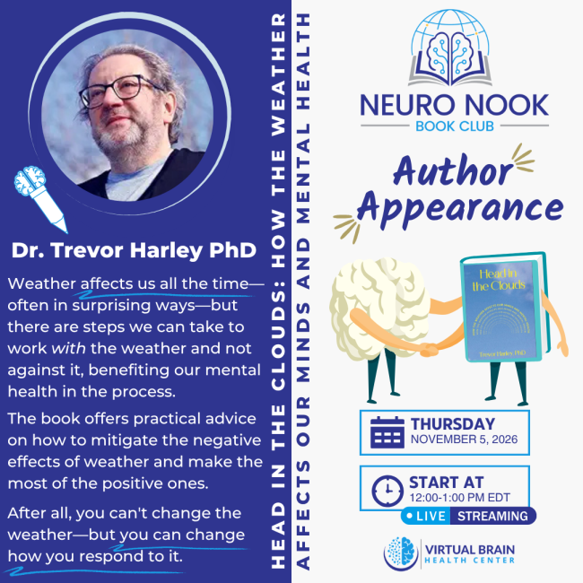 Flyer for Neuro Nook’s virtual book club featuring Trevor Harley discussing Head in the Clouds and how weather affects mental health, November 5, 2026.