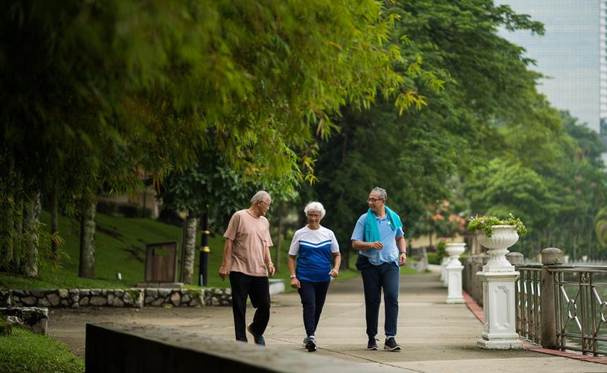 Senior friends walking in the park