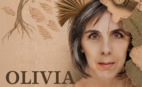Poster for Olivia, a theatrical production exploring memory loss and dementia through the story of an older woman, featuring a portrait surrounded by fragmented pages, fabric, and symbolic imagery.