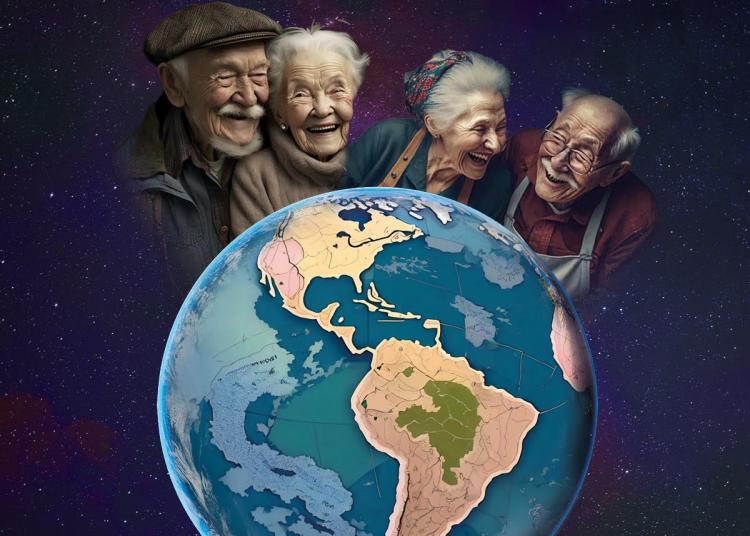 older people with globe highlighting Latin America