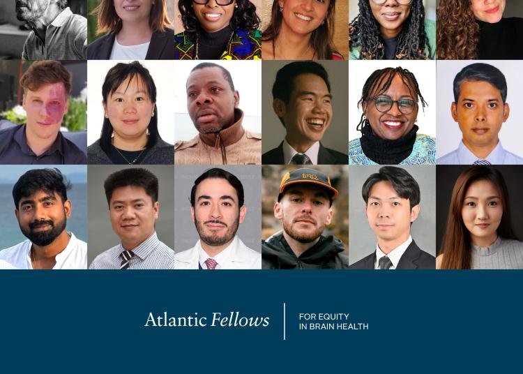 A group photo grid of Atlantic Fellows for Equity in Brain Health, featuring 36 individual headshots of diverse men and women from around the world.