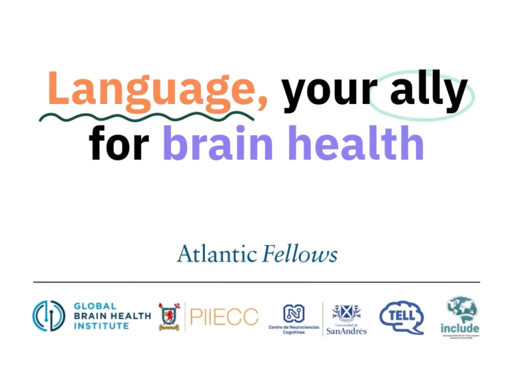 Text graphic showing the title “Language, your ally for brain health” with logos of supporting organizations below.