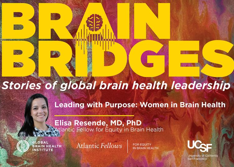 Podcast cover artwork for Brain Bridges featuring Elisa Resende against a colorful abstract background with the episode title “Leading with Purpose: Women in Brain Health.”