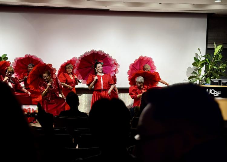 Laura María Calderón Cuevas and dancers from Canon Kip Senior Center perform during the Brain Boost session celebrating movement, creativity, and brain health.