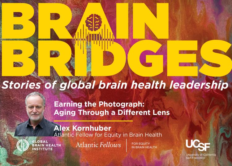 Podcast cover artwork for Brain Bridges featuring Magda Kaczmarska against a colorful abstract background with the episode title “Earning the Photograph: Aging Through a Different Lens.""